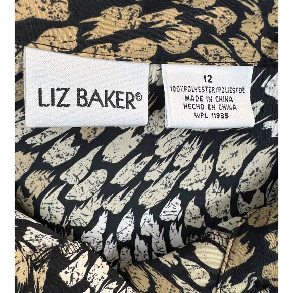 Liz Baker Women's 12 Black & Brown Brushstroke Satin Button Up Blouse Career - Picture 7 of 7
